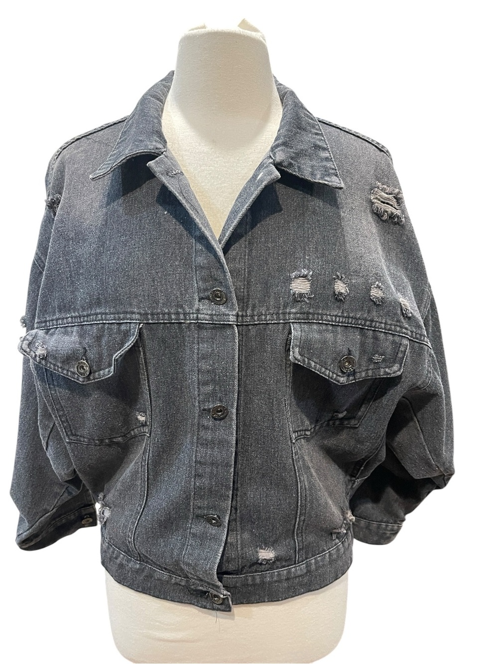 Sage The Label Distressed  Dolman Sleeve Jean Jacket One Size Washed Black